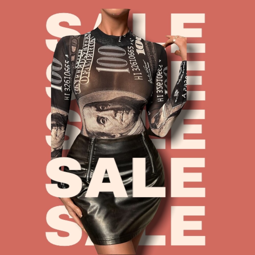 Dollar Sign Graphic Print Bodysuit, Size S